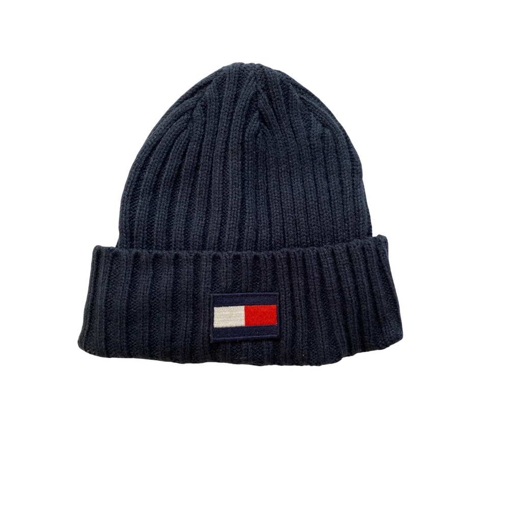 Tommy Hilfiger Mens Navy Blue Ribbed Knit Beanie Hat Flag Logo Patch One Size